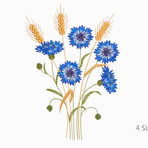 以下が含まれることがあります： 青いコーンフラワーと小麦の穂のブーケを刺繍したデザイン。刺繍プロジェクトに最適です。