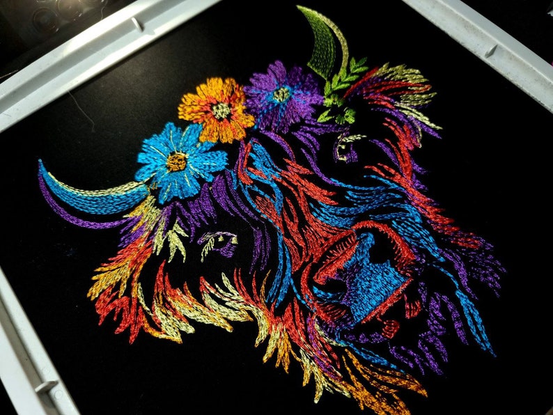 Machine Embroidery Scottish Highland Cow on Black. Colorful Bright Machine Embroidery Designs, 7 Sizes image 5