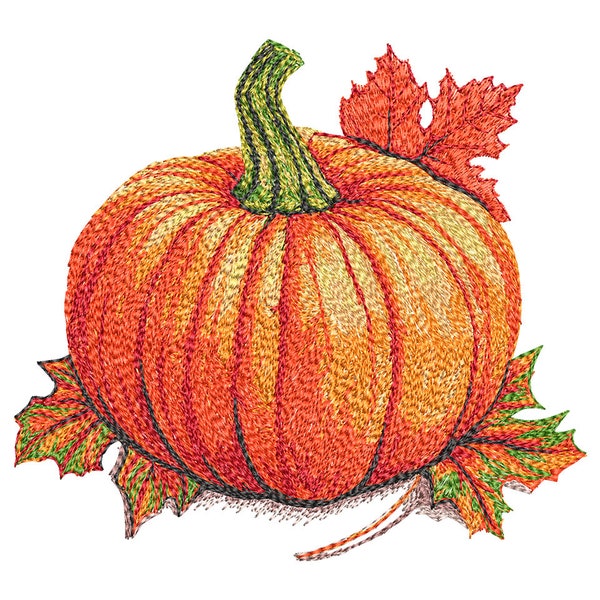 Autumn Pumpkin Machine Embroidery Design, Embroidered Pumpkin With Leaves, Thanksgiving Embroidery, Fall Embroidery Design, 6 sizes.