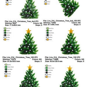 May include: Five different sizes of embroidered Christmas tree designs. Each design features a green tree with a gold star on top and white lights. The designs are labeled with the file name, stitch count, size, and color count.