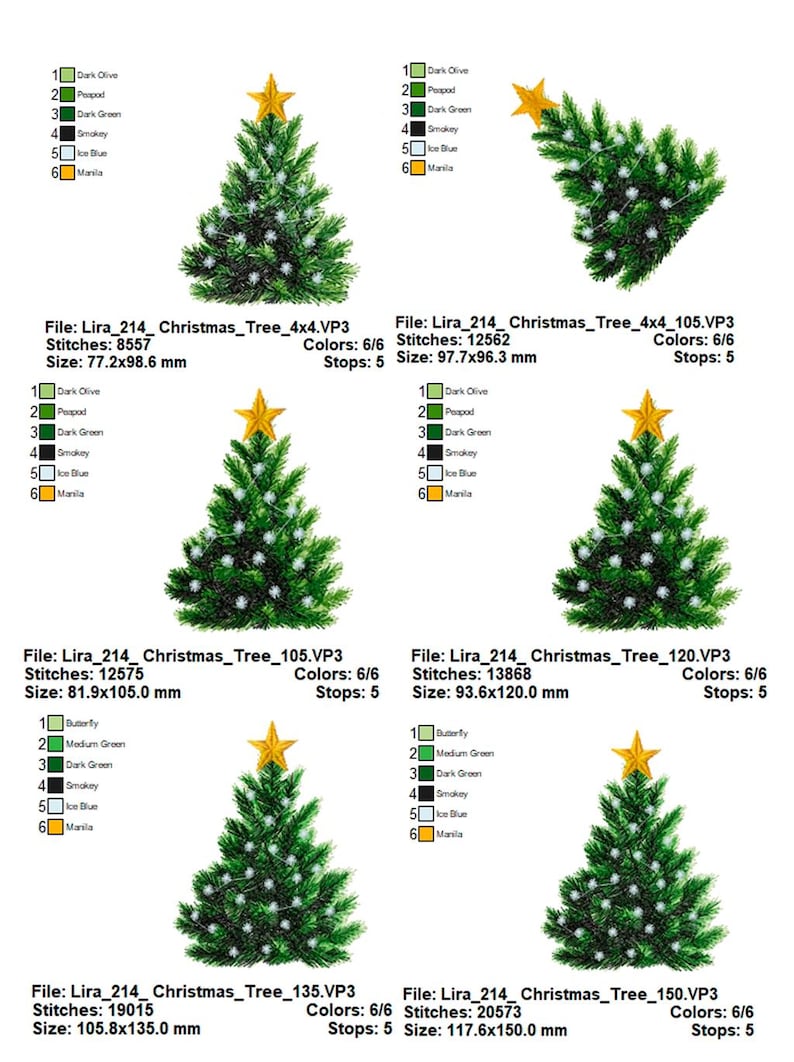 May include: Five different sizes of embroidered Christmas tree designs. Each design features a green tree with a gold star on top and white lights. The designs are labeled with the file name, stitch count, size, and color count.
