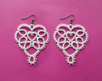 FSL Earrings. Machine Embroidery Heart. Valentine's Day Heart. FSL Tatting/Frivolité.
