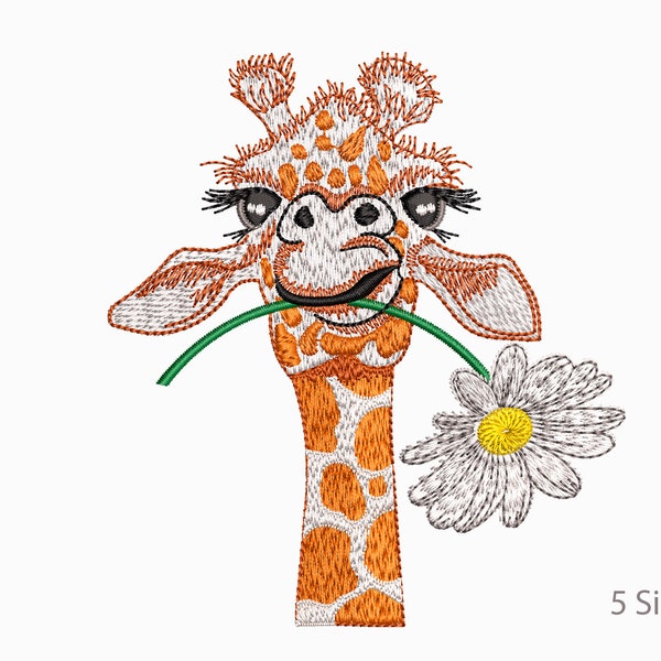 Girafe avec fleur de camomille Machine à broder dessins, 5 tailles.