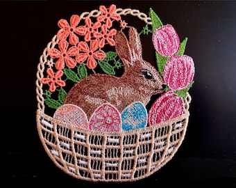 FSL Decoration Easter, Bunny in a Basket With Flowers and Easter Eggs.  Machine Embroidery Design. Free Standing Lace.