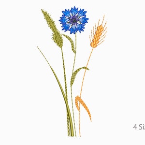 May include: Embroidered design of a blue cornflower with green stems and two stalks of wheat with golden yellow heads.