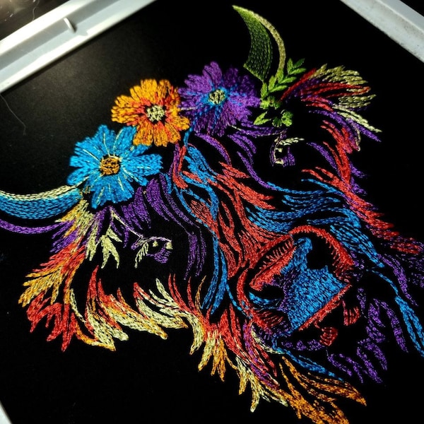 Machine Embroidery Scottish Highland Cow on Black. Colorful Bright Machine Embroidery Designs, 7 Sizes