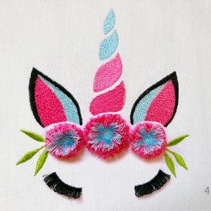 Unicorn head  with 3d flowers, Fringed Fluffy Chenille, 4 Sizes, Machine Embroidery Design