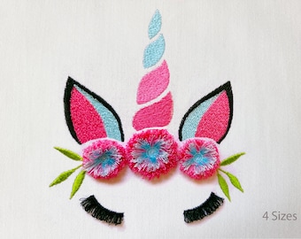 Unicorn head  with 3d flowers, Fringed Fluffy Chenille, 4 Sizes, Machine Embroidery Design