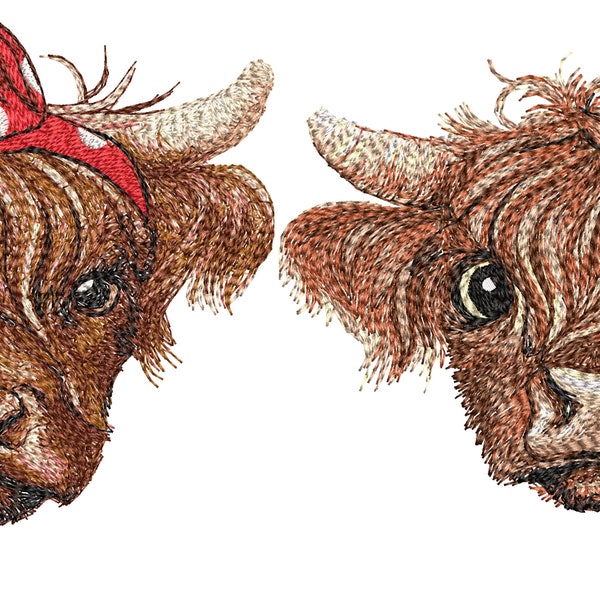 Vache écossaise super réaliste des Highlands. Deux modèles. Motifs de broderie machine, 5-6 tailles