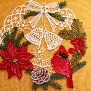 FSL Dekoration Weihnachtsstern und Kardinalvogel, Spitzenstickerei. Weihnachtskranz