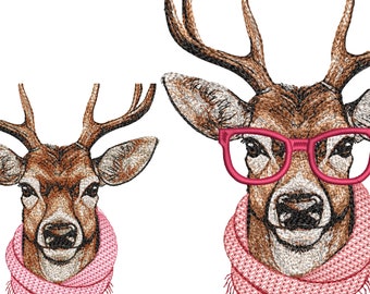 Deer in Glasses Embroidery. 2 designs .Machine Embroidery Deer in Scarf, 5 Sizes. Sketched Hand Stitch Style. Animal Embroidery. Christmas