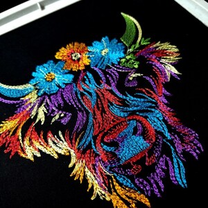 Machine Embroidery Scottish Highland Cow on Black. Colorful Bright Machine Embroidery Designs, 7 Sizes image 4