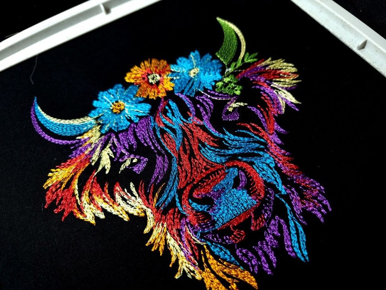 Machine Embroidery Scottish Highland Cow on Black. Colorful Bright Machine Embroidery Designs, 7 Sizes image 4