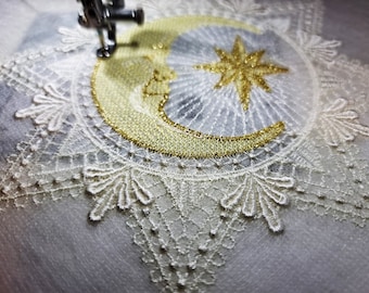 Two Designs FSL Christmas Decoration  Celestial Moon With a Star. Machine Embroidery Design.  Lace Embroidery.