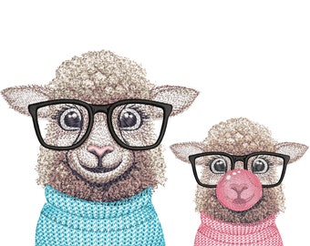 Super Realistic Lamb with Glasses Two Designs. Lamb with Gum in Sweater. Machine Embroidery Designs, 4 Sizes