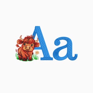 May include: A blue uppercase letter A and a lowercase letter a with a brown cartoon calf standing to the left of the uppercase letter.