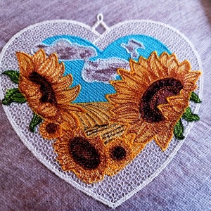 FSL Decoration Sunflowers in a Heart Frame. Machine Embroidery Design.