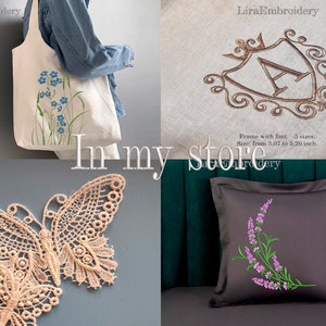 May include: A collection of embroidery designs featuring a butterfly, a floral motif, and a monogram in a decorative frame. The designs are available in various sizes, ranging from 3.07 to 5.20 inches.