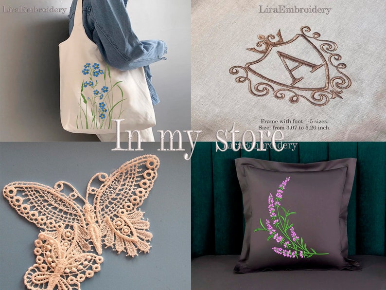 May include: A collection of embroidery designs featuring a butterfly, a floral motif, and a monogram in a decorative frame. The designs are available in various sizes, ranging from 3.07 to 5.20 inches.