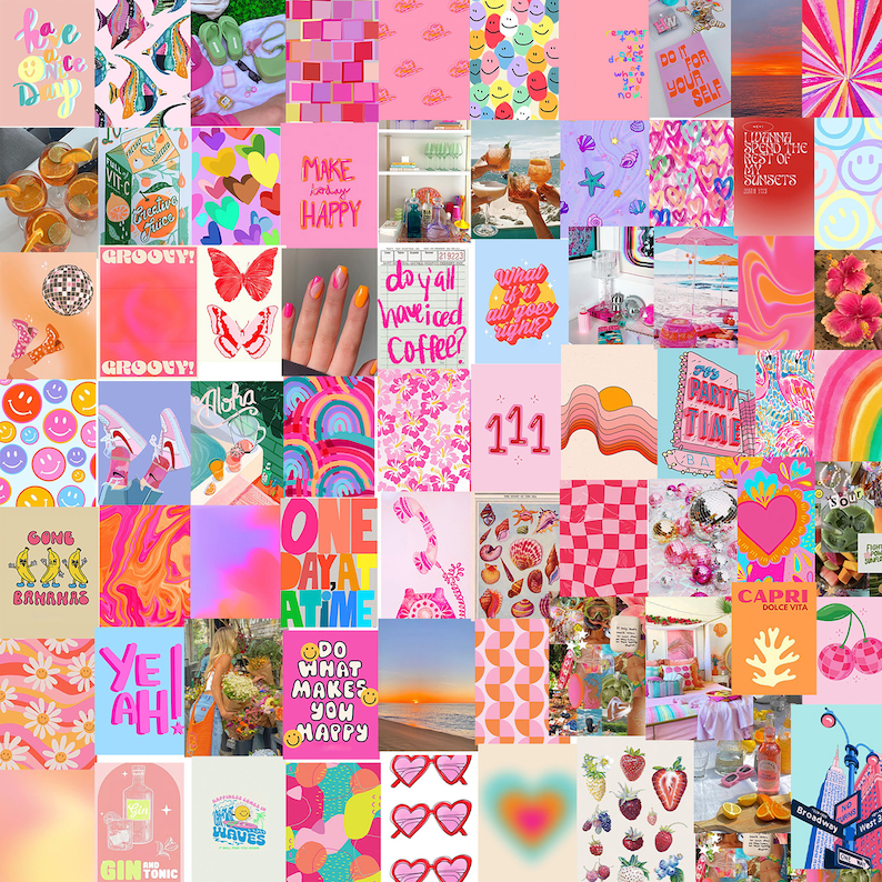 Ready to Print Preppy & Bright, Pink/Orange Aesthetic, Bright Wall Collage Kit | Pack of 70 photos | Digital File 