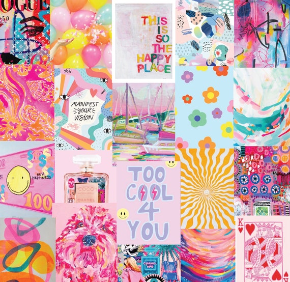 Ready to Print, Bright Art & Neon Aesthetic, Fun and Bright Wall Collage  Kit Pack of 60 Photos Digital File (Instant Download) 