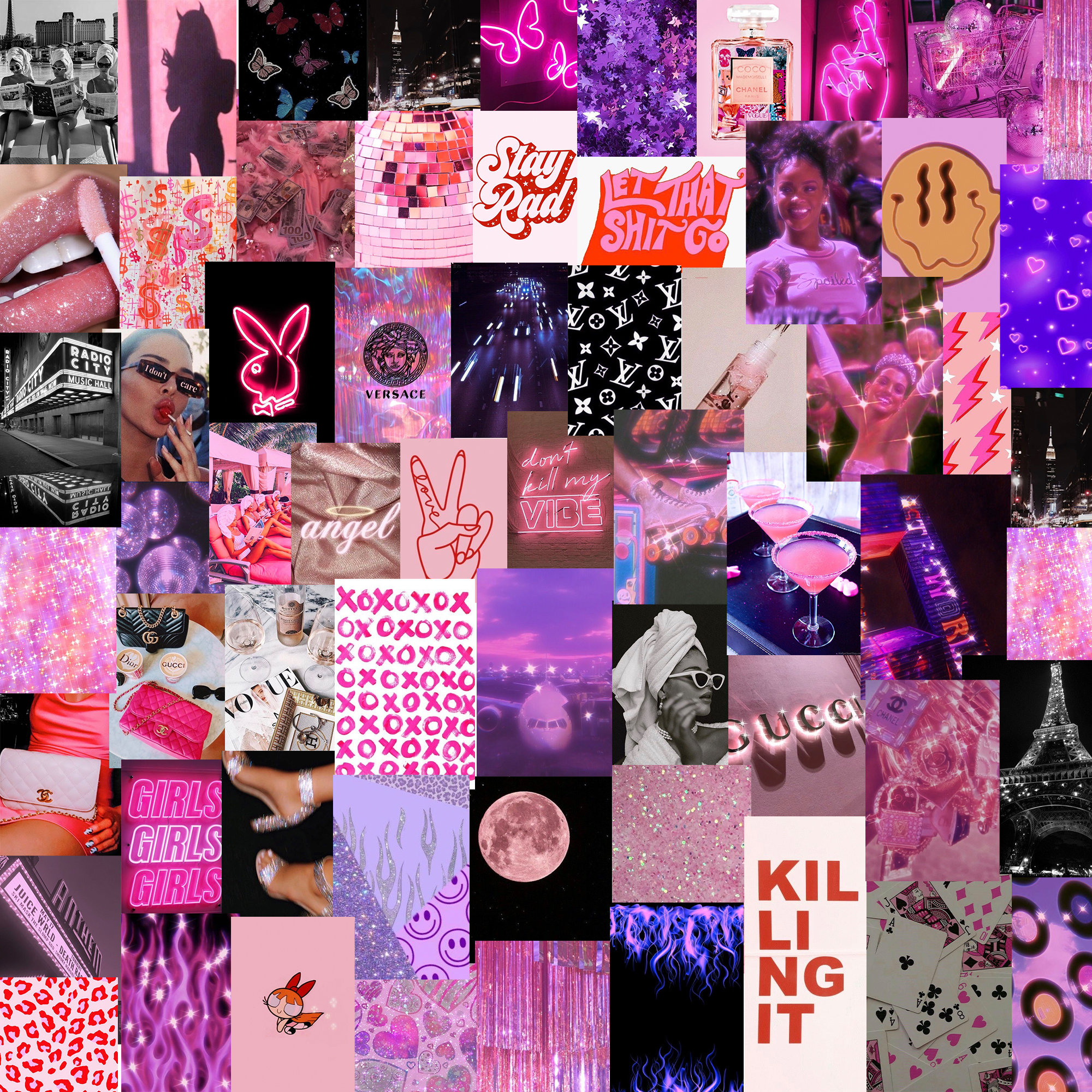 Ready to Print Boujee Neon Pink and Black Aesthetic Wall Collage Kit Pack of 60 Photos Digital