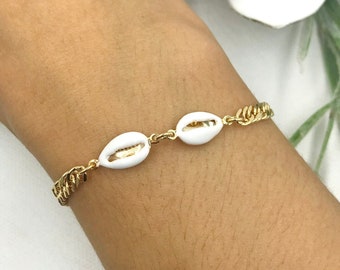18K Gold Filled Puka Shell Bracelet: White Enamel Coastal Jewelry