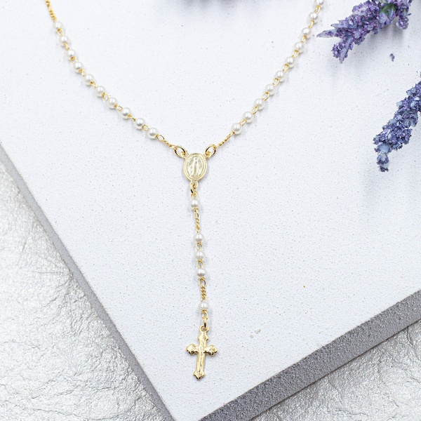 18k Gold Filled Dainty Catholic Pearl Rosary