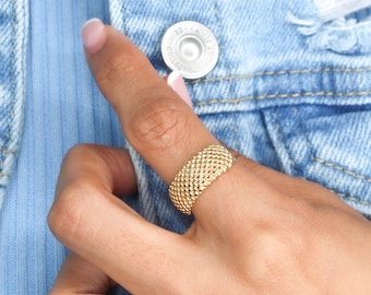 Vintage ring van geweven mesh, 18 karaats verguld goud.