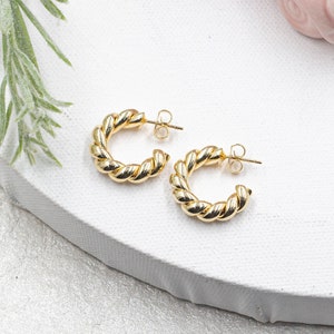 18K Gold Filled Croissant Hoops: Chunky Twisted Braid Earrings