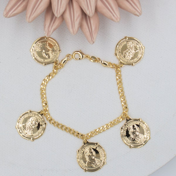 18k Gold Filled Trendy 5 Coin Medallion Bracelet , Austria Coin , Cuban Chain Bracelet