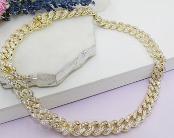 18K Gold Filled/Rhodium Plated Chunky Pace Cubic Zirconia Cuban Link with Open Box Clasp Choker & Necklace, Different Colors Available