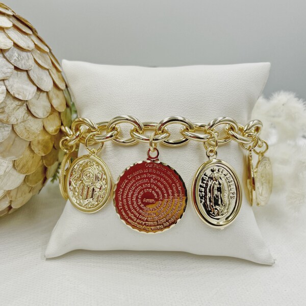 18k Gold Filled "7 Mixed Coins Lord's Prayer" Bracelet, Religious Bracelet, Coin Charm Bracelet,