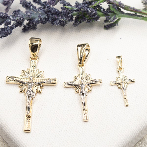 18k Gold Filled Crucifix with Silver Jesus Cross Church Pendant