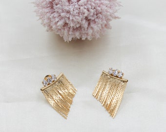 18K Gold Filled Tassel Fringe Earrings, Elegant Chain Tassel Earrings, Dangling Tassel, Short Tassel Earrings, Cz Stone Stud Earrings