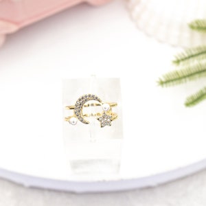 18k Gold Filled Moon and Star Pearl Detail Adjustable Ring, Crescent Moon Wrap Ring, Love you to the moon ring
