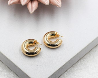 18K Gold Filled Chunky Hoops Earring, Donut Hoops Earrings,  Open Hoops Earrings,