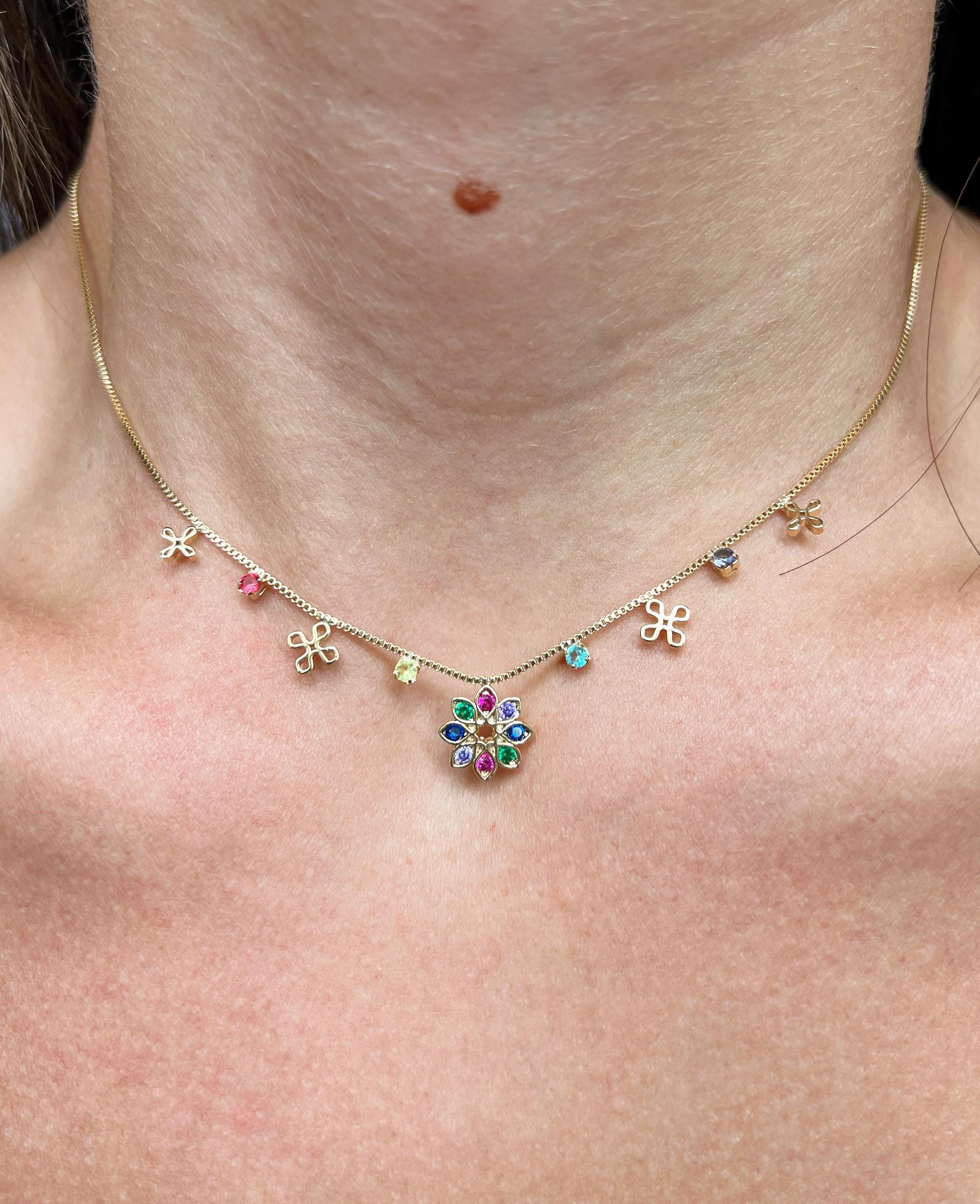 Cubic Zircon Flower Choker Necklace: Colorful Dainty Jewelry,18k