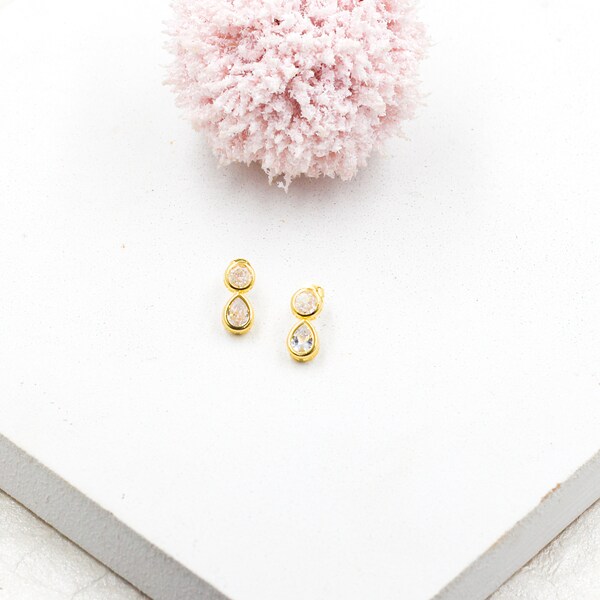 18K Gold Filled Cz Stone Stud Earring, Circle and Drop Cz Stone Earrigs