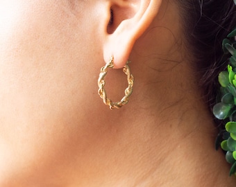 18K Gold Filled Textured Twisted Hoops Earrings