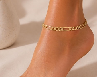 Figaro Chain Ankle Bracelet, 18k Gold Filled