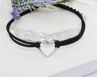 18K Gold Filled Heart Black Suede Rope Choker, Available Different Colors