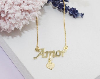 18K Gold Filled "Amor" Script with Dainty Golden Heart Charm Box Chain Necklace