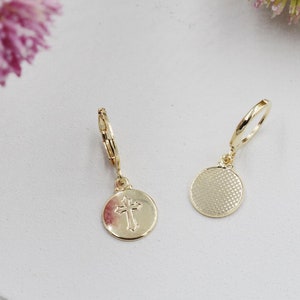 18K Gold Filled Cross Medallion Huggies Earrings