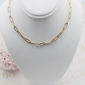 18K Gold Filled 4mm Two-Tone Gold and Silver Diamond Cut Paperclip Link Necklace