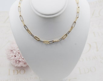 18K Gold Filled 4mm Two-Tone Gold and Silver Diamond Cut Paperclip Link Necklace