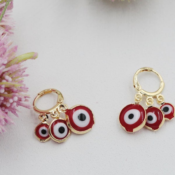 18K Gold Filled Trio Evil Eye Huggies Earring, Different Colors Available