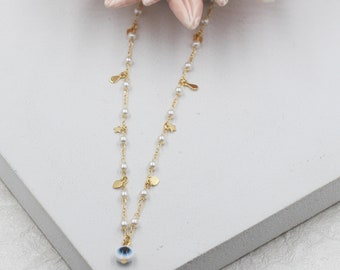 18K Gold Filled Pearl and Evil Eye Chain, Dangle Charm Chain, Pearl Link and Evil Eye Chain,