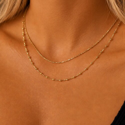 Satellite & Rectangular Box Chain, Double Chain Necklace, 18K Gold Filled