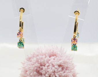 18K Gold Filled Open Dangle Colorful Stone Hoops Earrings